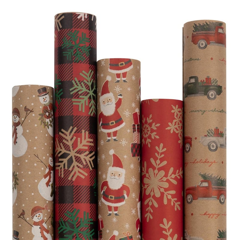JAM Paper Assorted Gift Wrap Christmas Kraft Wrapping Paper 125 Sq Ft Total Kraft Christmas Set 5 RollsPack
